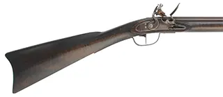 Pennsylvania Barn Rifle
.40 caliber, 42" Rice swamped barrel,
Chambers' flintlock, maple, limited brass & iron trim, 
used, signed by J. Alford